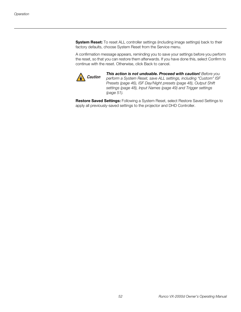 System reset, Restore saved settings, H 52 | Restore saved settings in, D restore saved settings, Pre l iminar y | Runco DIGITAL LIGHT PROCESSING VX-2000D User Manual | Page 64 / 90