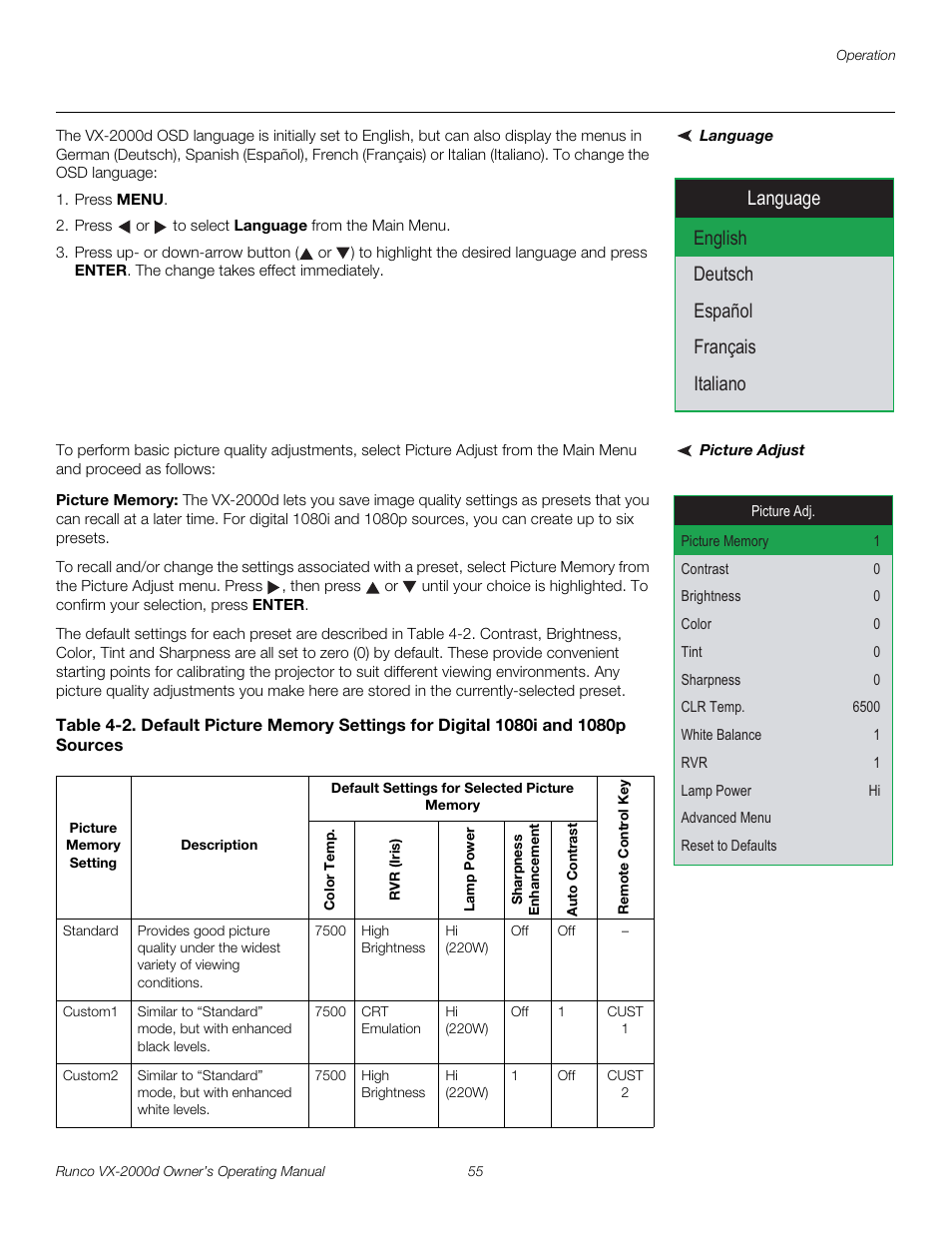 Language, Picture adjust, Picture memory | Pre l iminar y | Runco DIGITAL LIGHT PROCESSING VX-2000D User Manual | Page 67 / 90