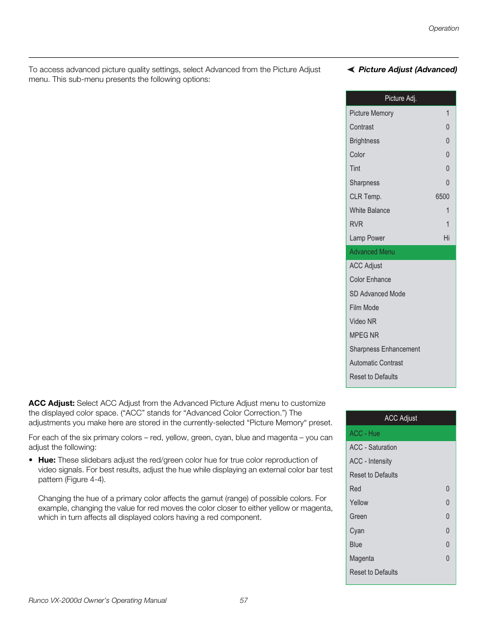 Picture adjust (advanced), Acc adjust, Pre l iminar y | Runco DIGITAL LIGHT PROCESSING VX-2000D User Manual | Page 69 / 90