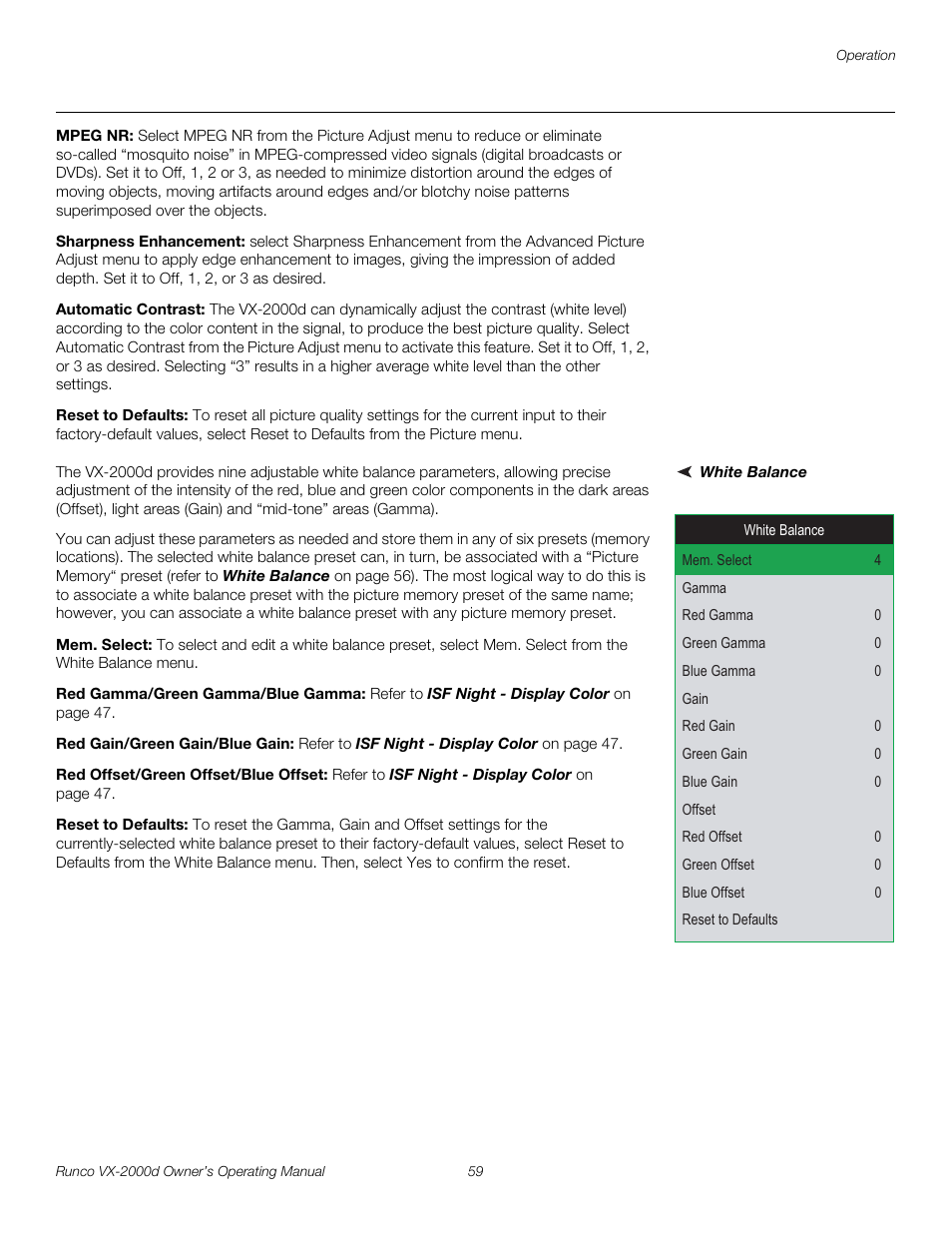 Mpeg nr, Sharpness enhancement, Automatic contrast | Reset to defaults, White balance, Mem. select, Red gamma/green gamma/blue gamma, Red gain/green gain/blue gain, Red offset/green offset/blue offset, Pre l iminar y | Runco DIGITAL LIGHT PROCESSING VX-2000D User Manual | Page 71 / 90