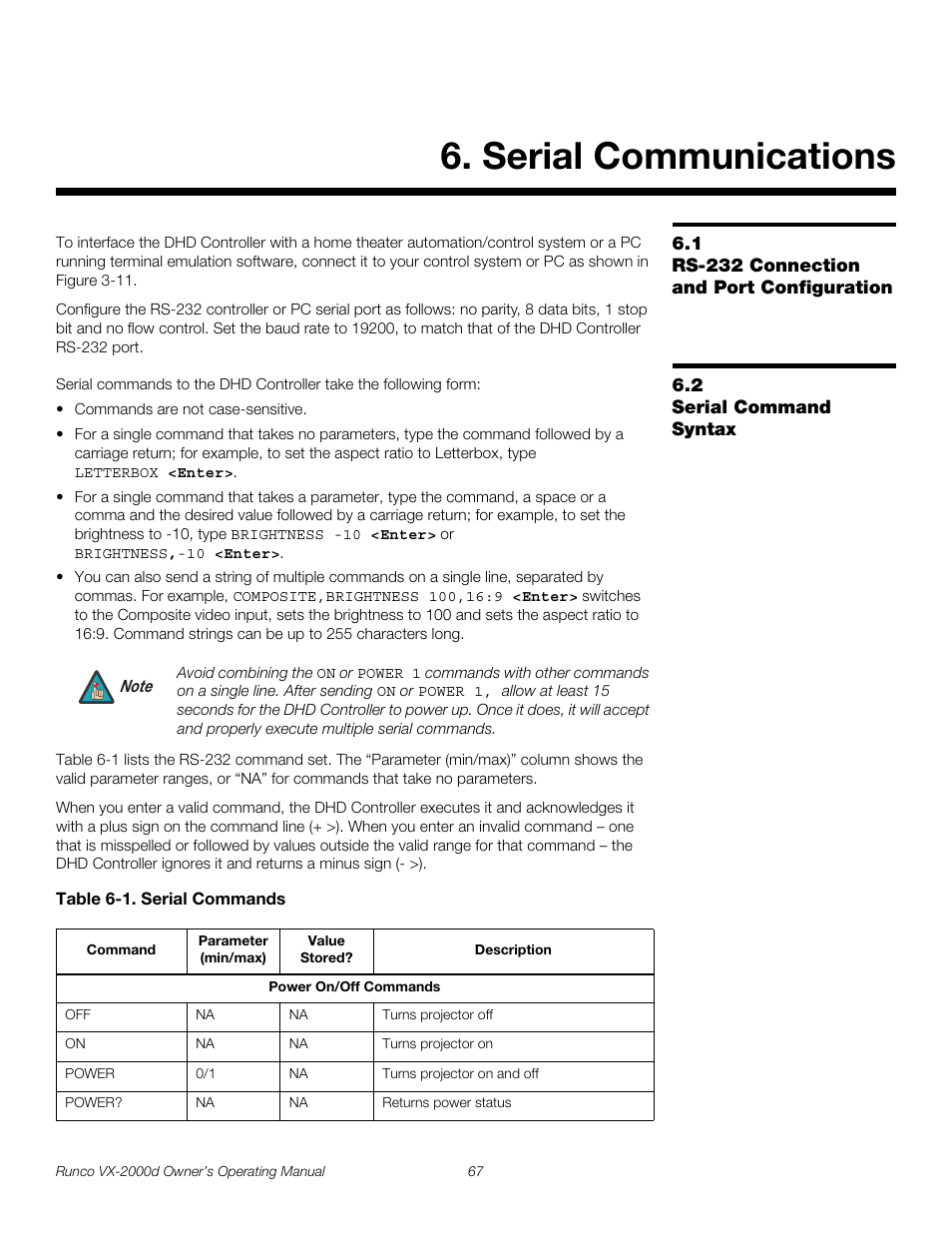 Serial communications, 1 rs-232 connection and port configuration, 2 serial command syntax | Table 6-1 . serial commands, Rs-232 connection and port configuration, Serial command syntax, Pre l iminar y | Runco DIGITAL LIGHT PROCESSING VX-2000D User Manual | Page 79 / 90