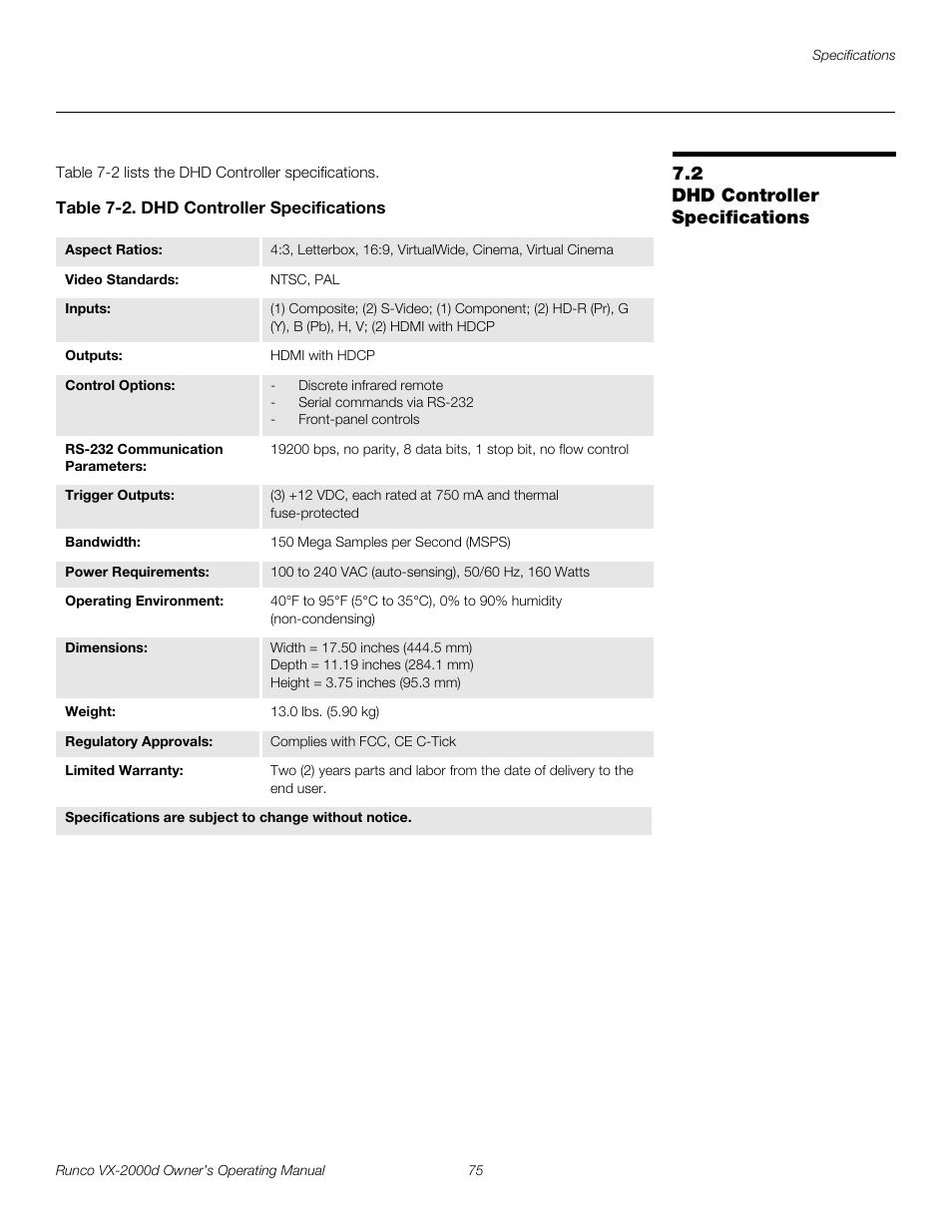 2 dhd controller specifications, Table 7-2 . dhd controller specifications, Dhd controller specifications | Pre l iminar y | Runco DIGITAL LIGHT PROCESSING VX-2000D User Manual | Page 87 / 90