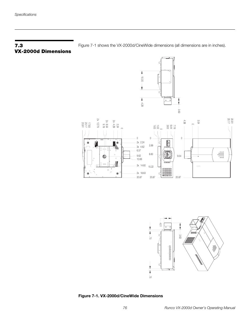 3 vx-2000d dimensions, Figure 7-1 . vx-2000d/cinewide dimensions, Iminar | Vx-2000d dimensions, 1. vx-2000d/cinewide dimensions, Preli m inary | Runco DIGITAL LIGHT PROCESSING VX-2000D User Manual | Page 88 / 90