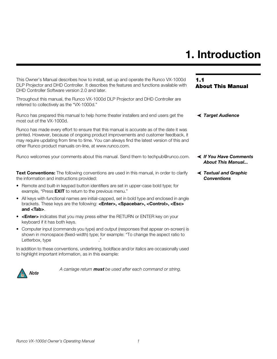 Introduction, 1 about this manual, Target audience | If you have comments about this manual, Textual and graphic conventions, Text conventions, About this manual, Pre l iminar y | Runco VX-1000d User Manual | Page 13 / 76