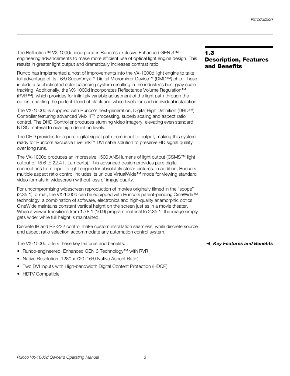 3 description, features and benefits, Key features and benefits, Description, features and benefits | Pre l iminar y | Runco VX-1000d User Manual | Page 15 / 76