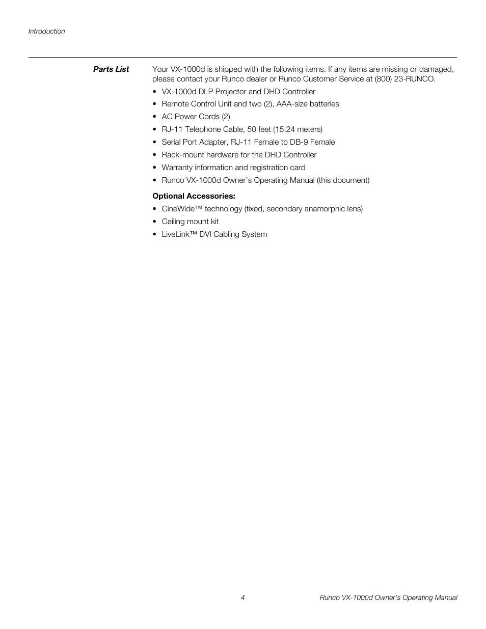 Parts list, Optional accessories, Pre l iminar y | Runco VX-1000d User Manual | Page 16 / 76
