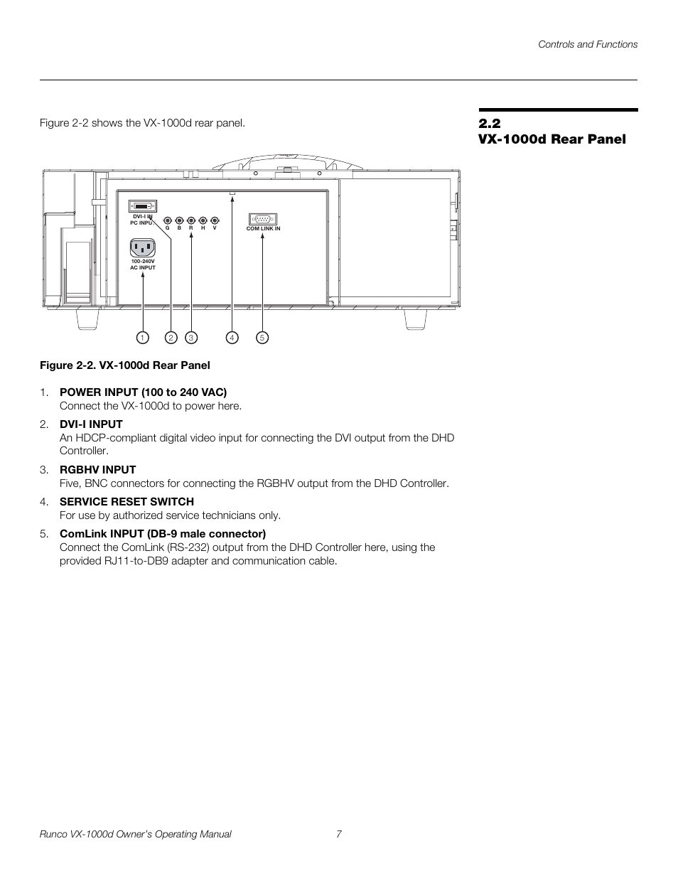 2 vx-1000d rear panel, Figure 2-2 . vx-1000d rear panel, Iminar | Vx-1000d rear panel, 2. vx-1000d rear panel, Pre l iminar y | Runco VX-1000d User Manual | Page 19 / 76