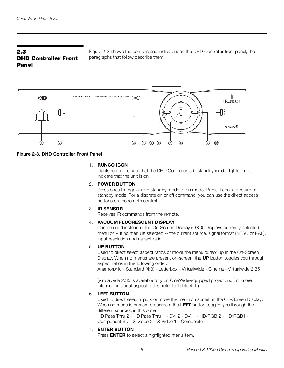 3 dhd controller front panel, Figure 2-3 . dhd controller front panel, Dhd controller front panel | 3. dhd controller front panel, Pre l iminar y | Runco VX-1000d User Manual | Page 20 / 76