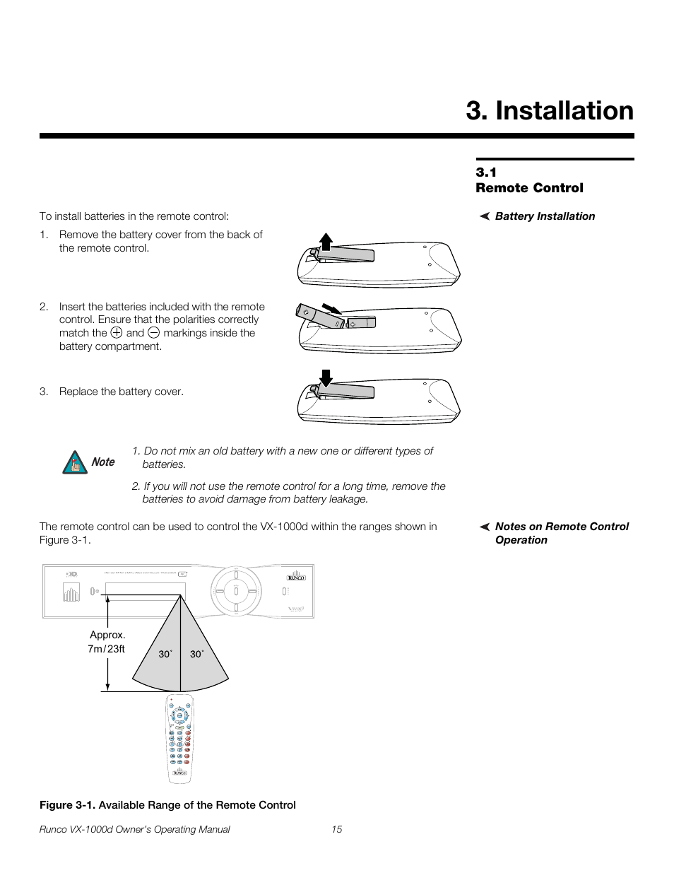 Installation, 1 remote control, Battery installation | Notes on remote control operation, Figure 3-1 . available range of the remote control, Remote control, 1. available range of the remote control, Pre l iminar y | Runco VX-1000d User Manual | Page 27 / 76