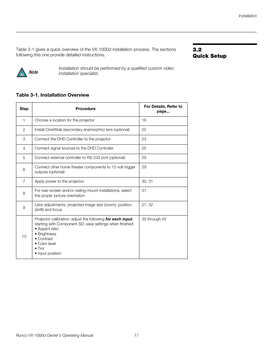 2 quick setup, Table 3-1 . installation overview, Quick setup | Pre l iminar y | Runco VX-1000d User Manual | Page 29 / 76