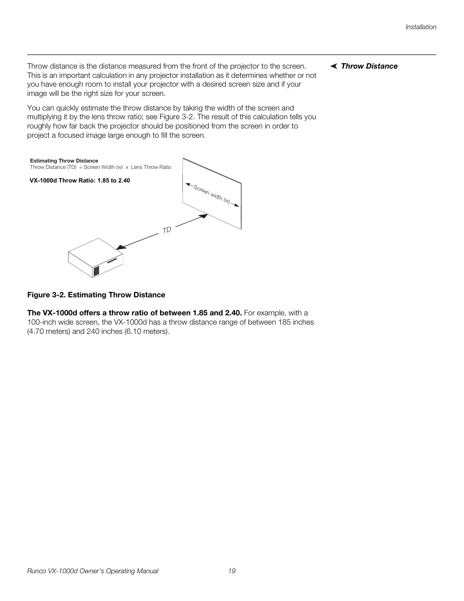 Throw distance, Figure 3-2 . estimating throw distance, 2. estimating throw distance | Pre l iminar y | Runco VX-1000d User Manual | Page 31 / 76