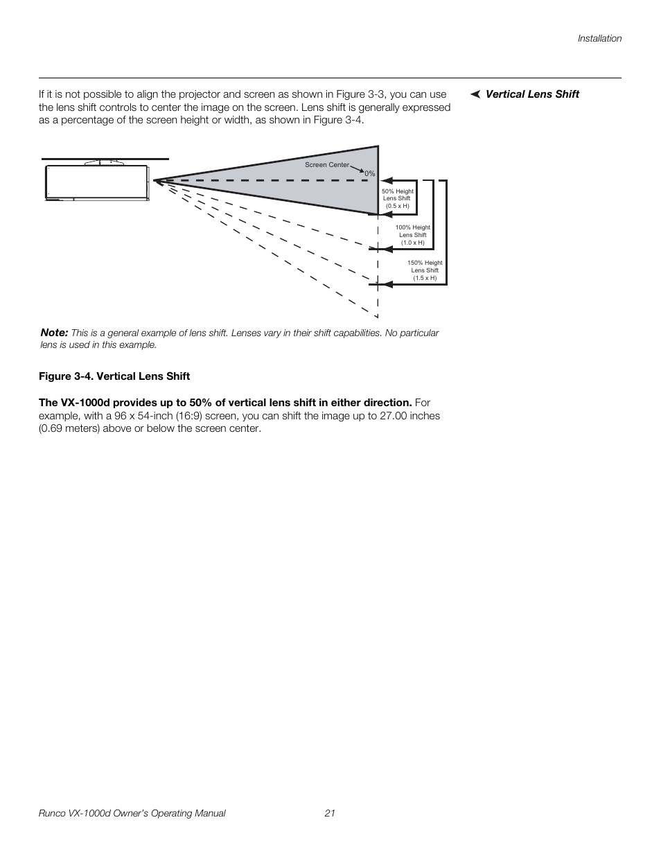 Vertical lens shift, Figure 3-4 . vertical lens shift, 4. vertical lens shift | Pre l iminar y | Runco VX-1000d User Manual | Page 33 / 76