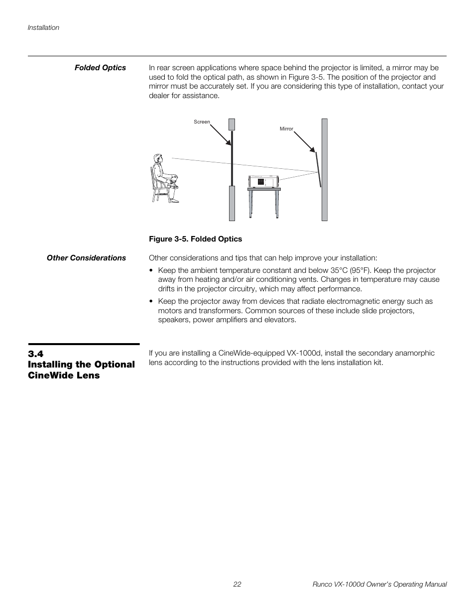 Folded optics, Figure 3-5 . folded optics, Other considerations | 4 installing the optional cinewide lens, Installing the optional cinewide lens, 5. folded optics, Pre l iminar y | Runco VX-1000d User Manual | Page 34 / 76