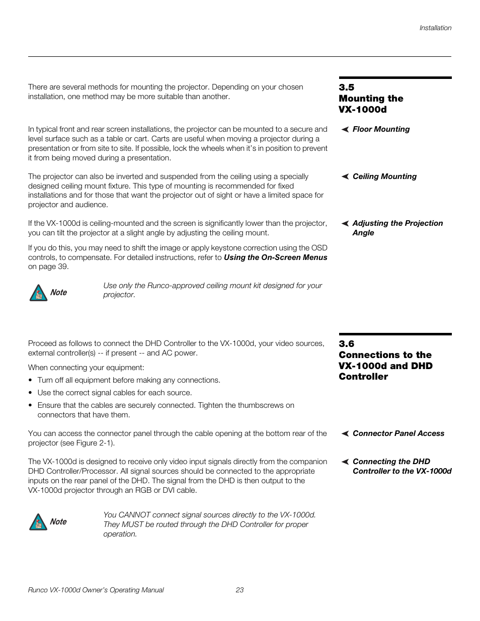 5 mounting the vx-1000d, Floor mounting, Ceiling mounting | Adjusting the projection angle, 6 connections to the vx-1000d and dhd controller, Connector panel access, Connecting the dhd controller to the vx-1000d, Mounting the vx-1000d, Connections to the vx-1000d and dhd controller, Pre l iminar y | Runco VX-1000d User Manual | Page 35 / 76