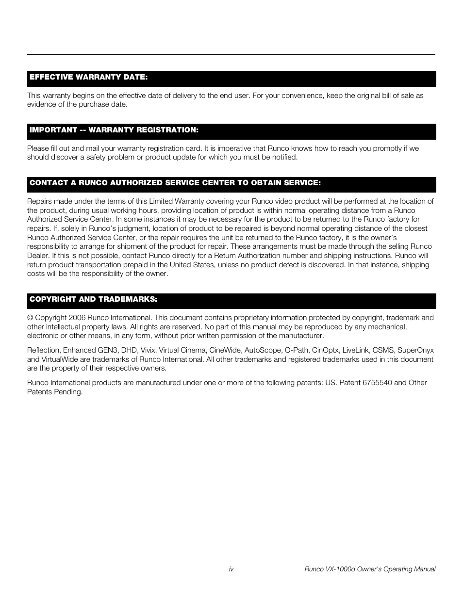 Pre l iminar y | Runco VX-1000d User Manual | Page 4 / 76