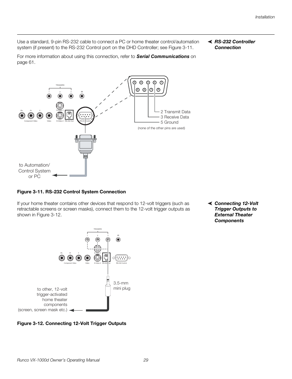 Rs-232 controller connection, Figure 3-11 . rs-232 control system connection, Figure 3-12 . connecting 12-volt trigger outputs | 11. rs-232 control system connection, 12. connecting 12-volt trigger outputs, Pre l iminar y | Runco VX-1000d User Manual | Page 41 / 76