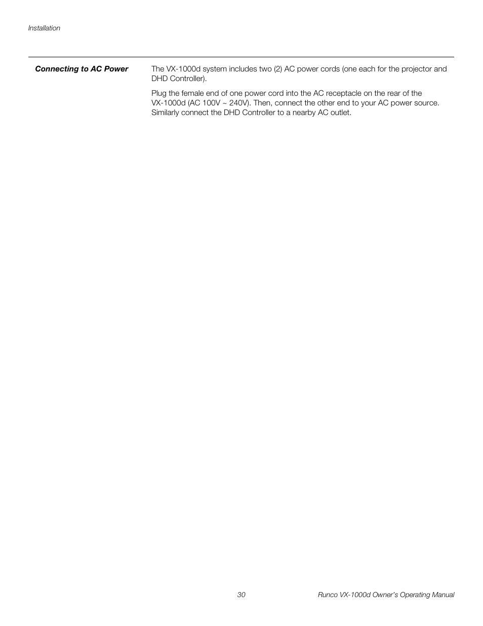Connecting to ac power, Pre l iminar y | Runco VX-1000d User Manual | Page 42 / 76