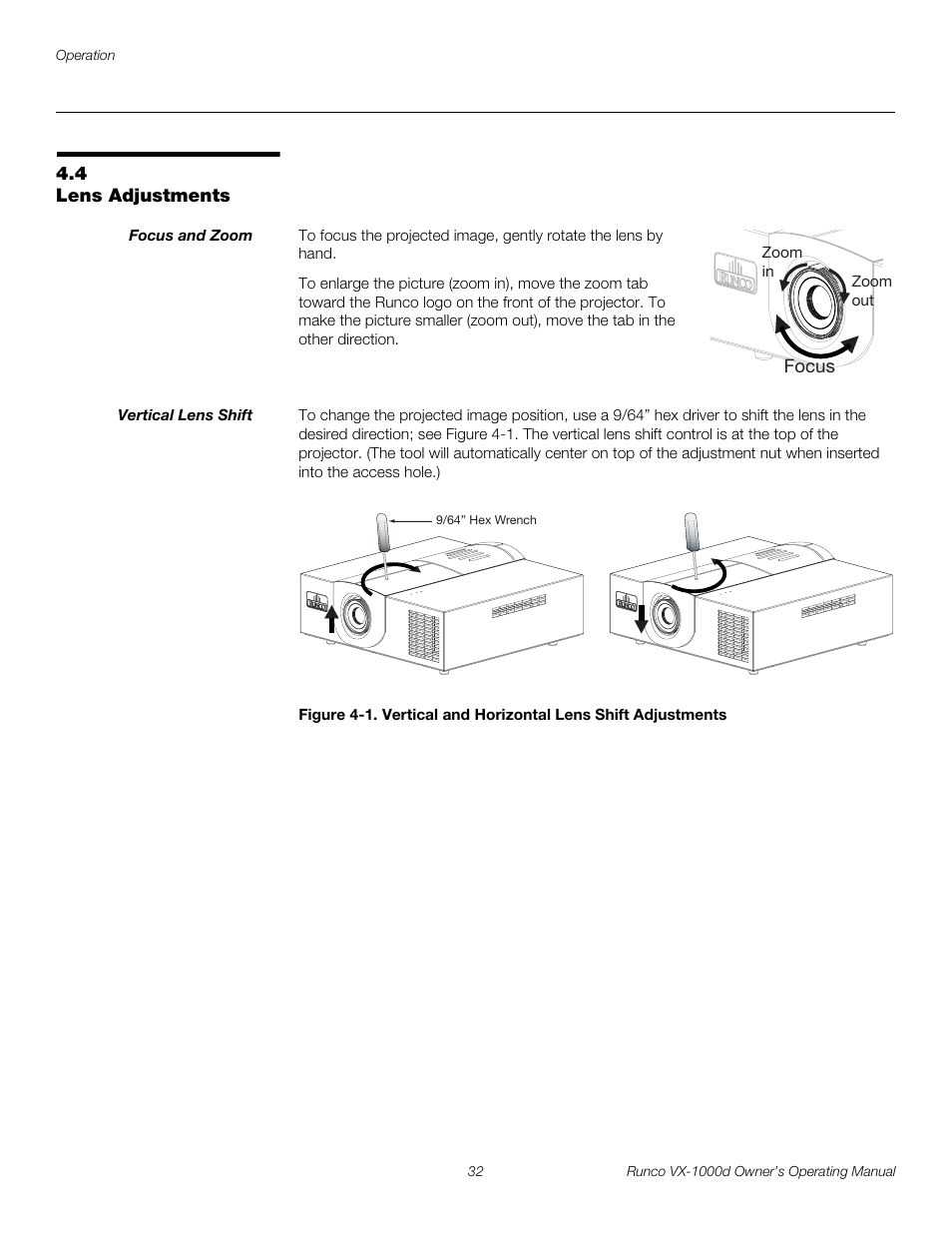 4 lens adjustments, Focus and zoom, Vertical lens shift | Iminar, Lens adjustments, 1. vertical and horizontal lens shift adjustments, Pre l iminar y | Runco VX-1000d User Manual | Page 44 / 76