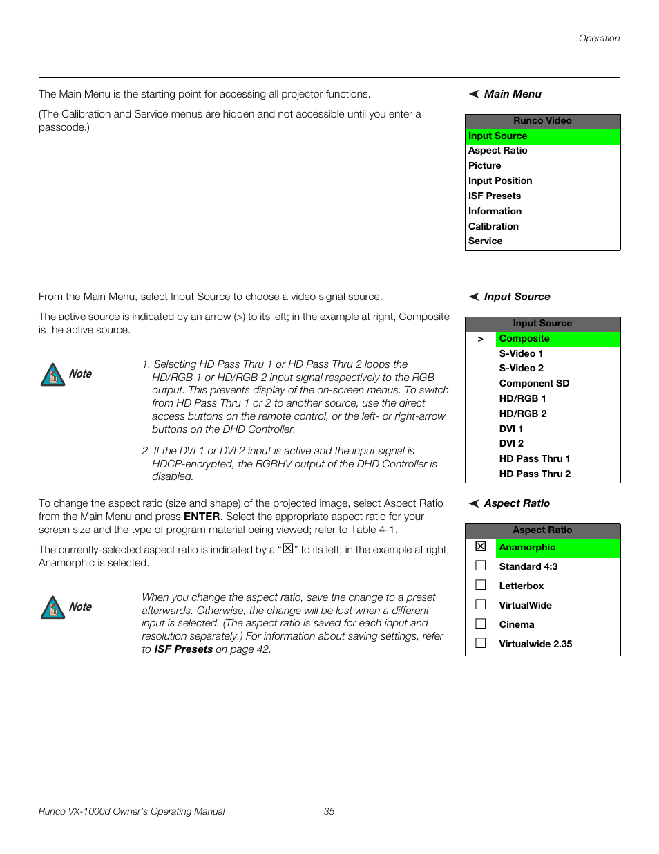 Main menu, Input source, Aspect ratio | Pre l iminar y | Runco VX-1000d User Manual | Page 47 / 76