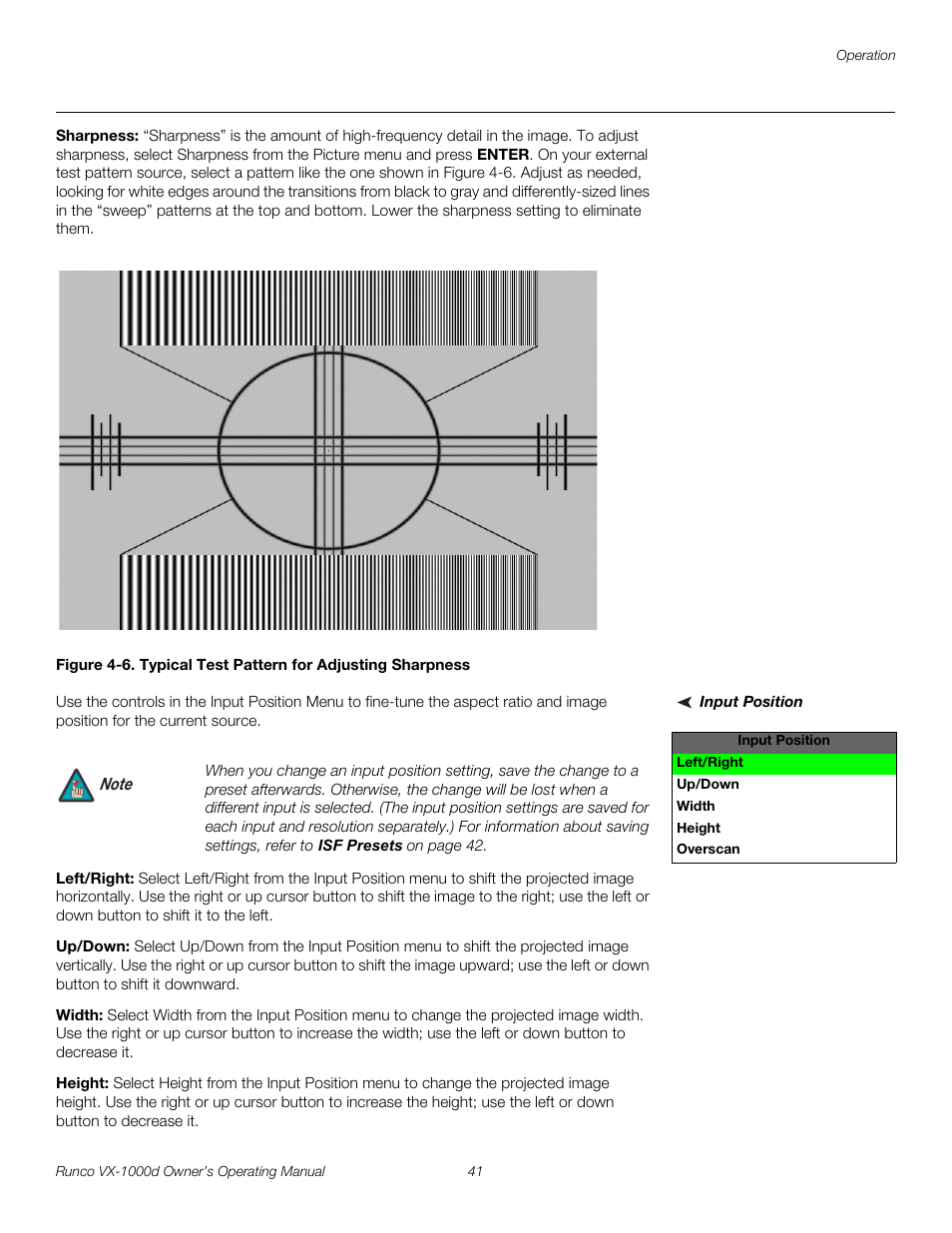 Sharpness, Input position, Left/right | Up/down, Width, Height, 6. typical test pattern for adjusting sharpness, Pre l iminar y | Runco VX-1000d User Manual | Page 53 / 76