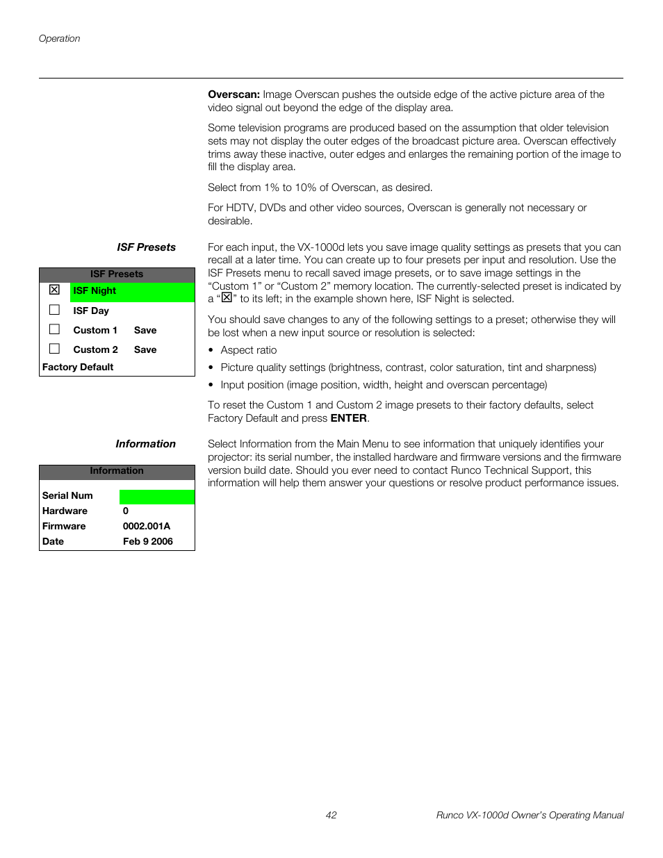 Overscan, Isf presets, Information | H 42, Pre l iminar y | Runco VX-1000d User Manual | Page 54 / 76