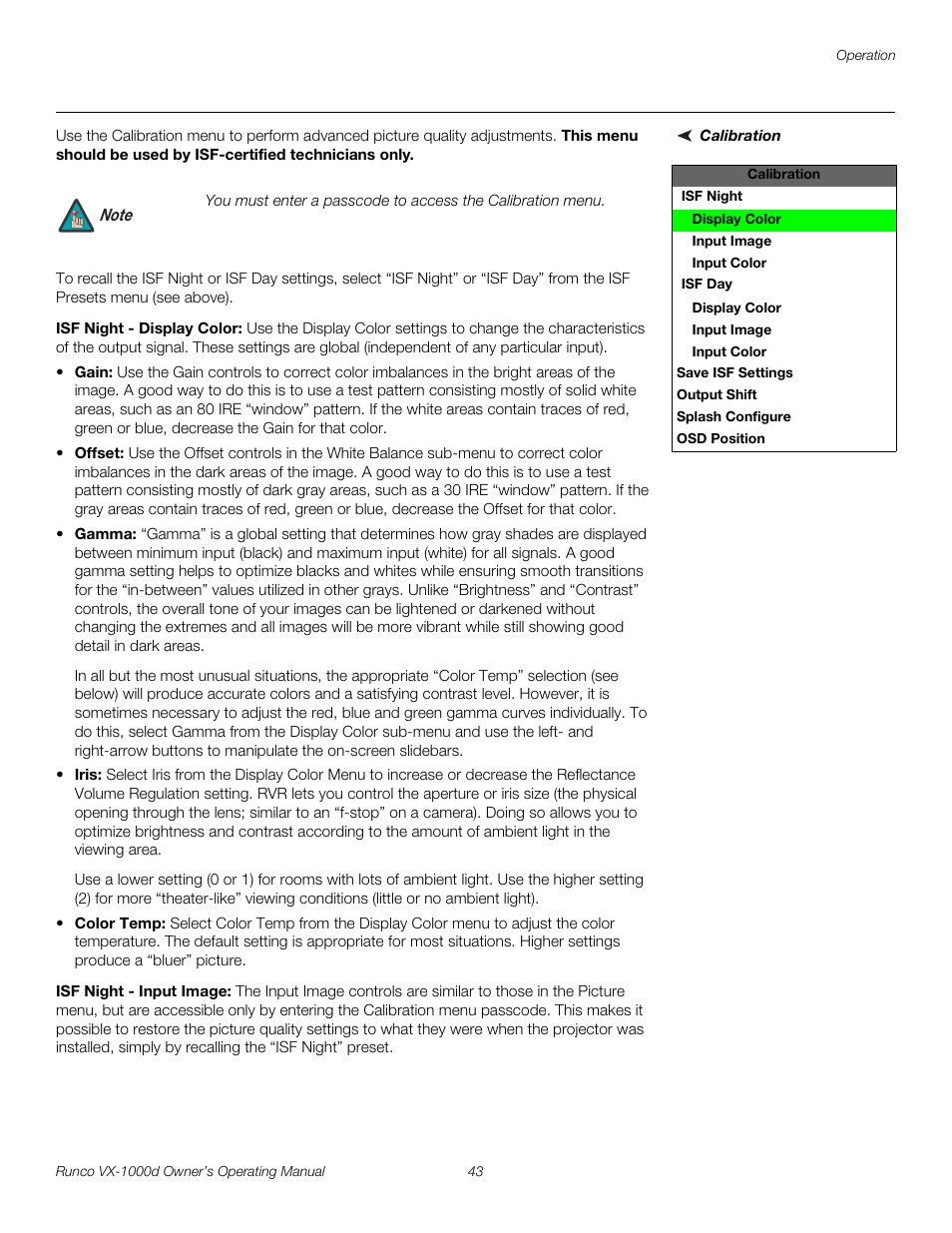 Calibration, Isf night - display color, Isf night - input image | Pre l iminar y | Runco VX-1000d User Manual | Page 55 / 76