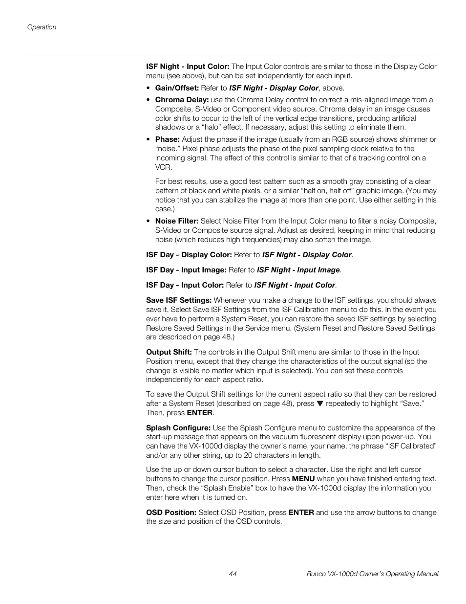 Isf night - input color, Isf day - display color, Isf day - input image | Isf day - input color, Save isf settings, Output shift, Splash configure, Osd position, Pre l iminar y | Runco VX-1000d User Manual | Page 56 / 76