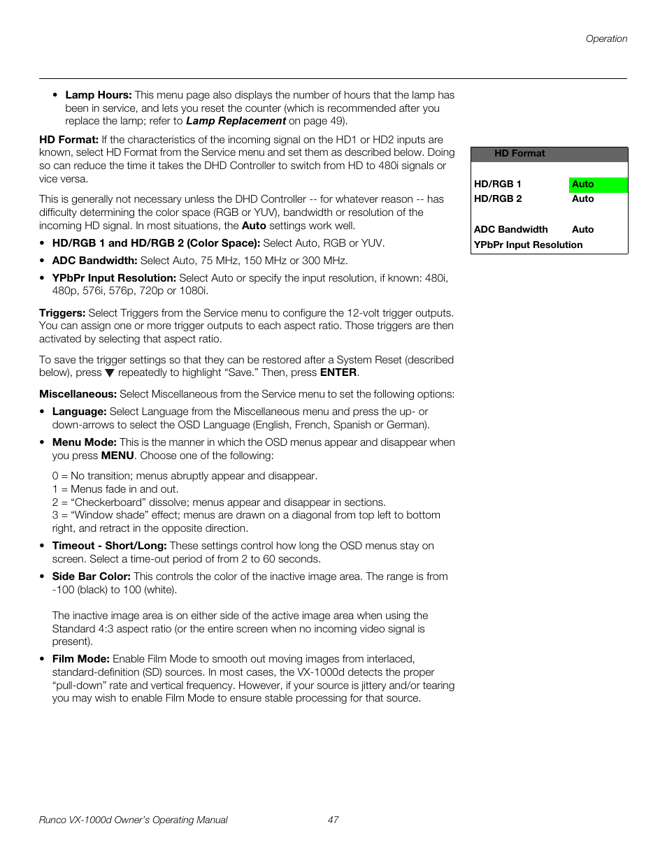Hd format, Triggers, Miscellaneous | Pre l iminar y | Runco VX-1000d User Manual | Page 59 / 76