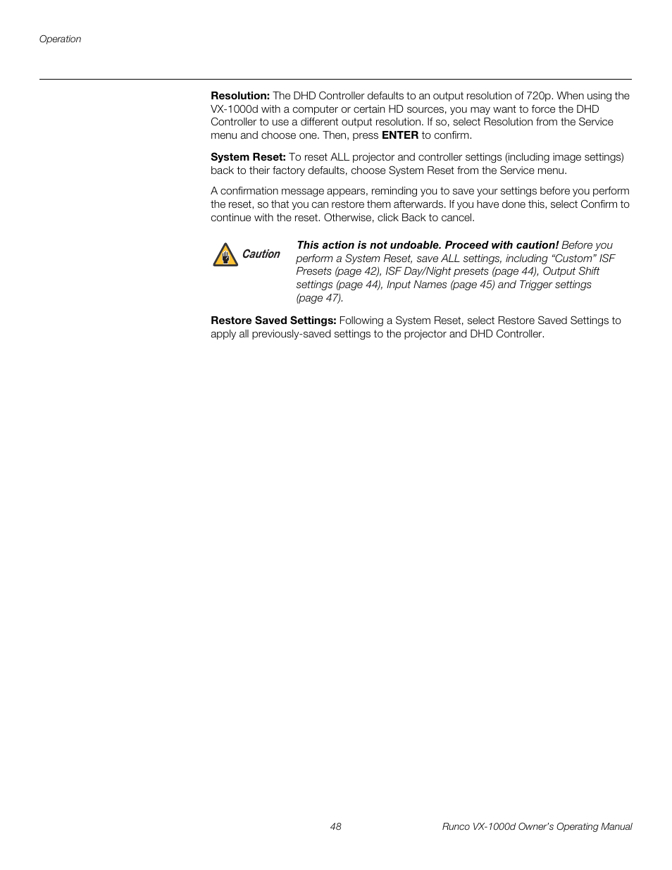 Resolution, System reset, Restore saved settings | Restore saved settings in, D restore saved settings, Pre l iminar y | Runco VX-1000d User Manual | Page 60 / 76