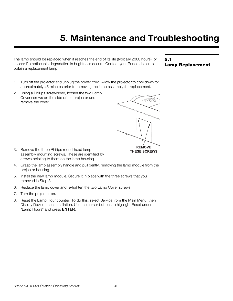 Maintenance and troubleshooting, 1 lamp replacement, Lamp replacement | Pre l iminar y | Runco VX-1000d User Manual | Page 61 / 76