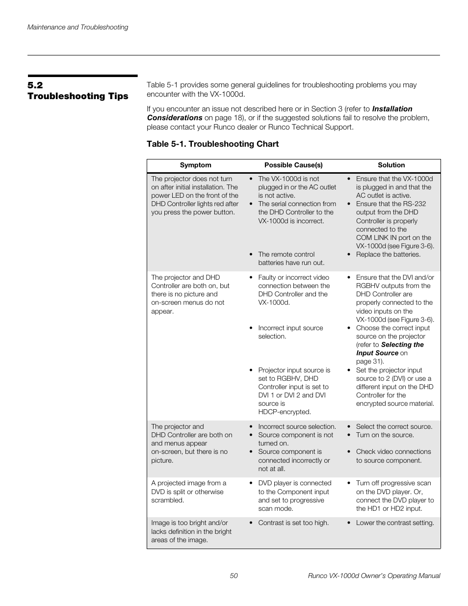 2 troubleshooting tips, Table 5-1 . troubleshooting chart, Troubleshooting tips | Pre l iminar y | Runco VX-1000d User Manual | Page 62 / 76