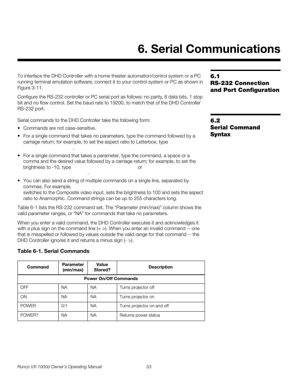 Serial communications, 1 rs-232 connection and port configuration, 2 serial command syntax | Table 6-1 . serial commands, Rs-232 connection and port configuration, Serial command syntax, Pre l iminar y | Runco VX-1000d User Manual | Page 65 / 76