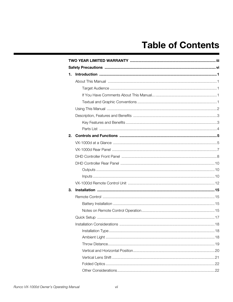 Runco VX-1000d User Manual | Page 7 / 76