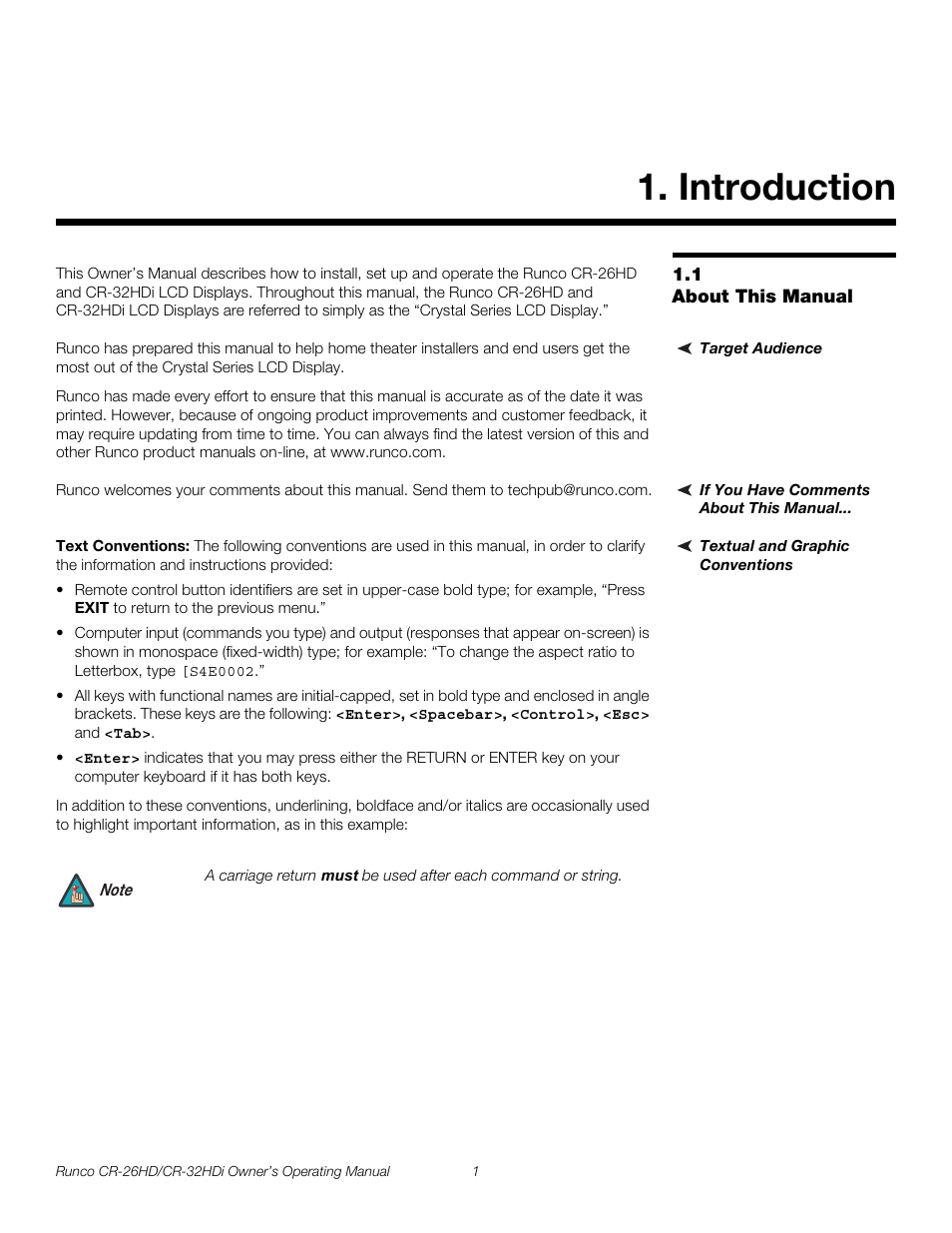 Introduction, 1 about this manual, Target audience | If you have comments about this manual, Textual and graphic conventions, Text conventions, About this manual, Pre l iminar y | Runco High-Definition User Manual | Page 13 / 70