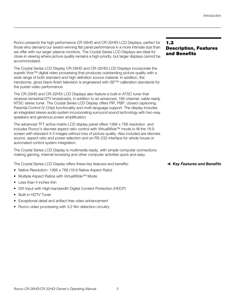 3 description, features and benefits, Key features and benefits, Description, features and benefits | Pre l iminar y | Runco High-Definition User Manual | Page 15 / 70