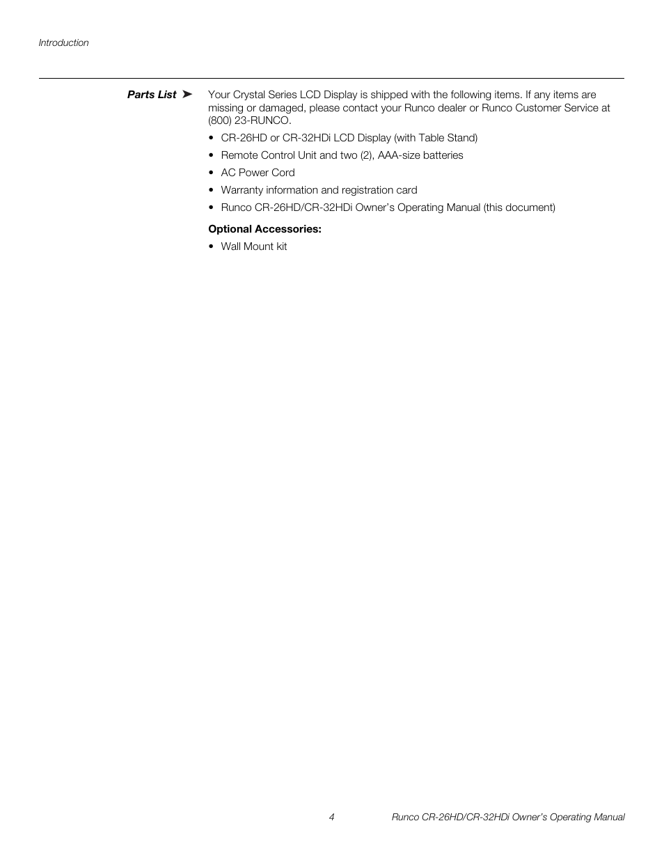 Parts list, Optional accessories, Pre l iminar y | Runco High-Definition User Manual | Page 16 / 70