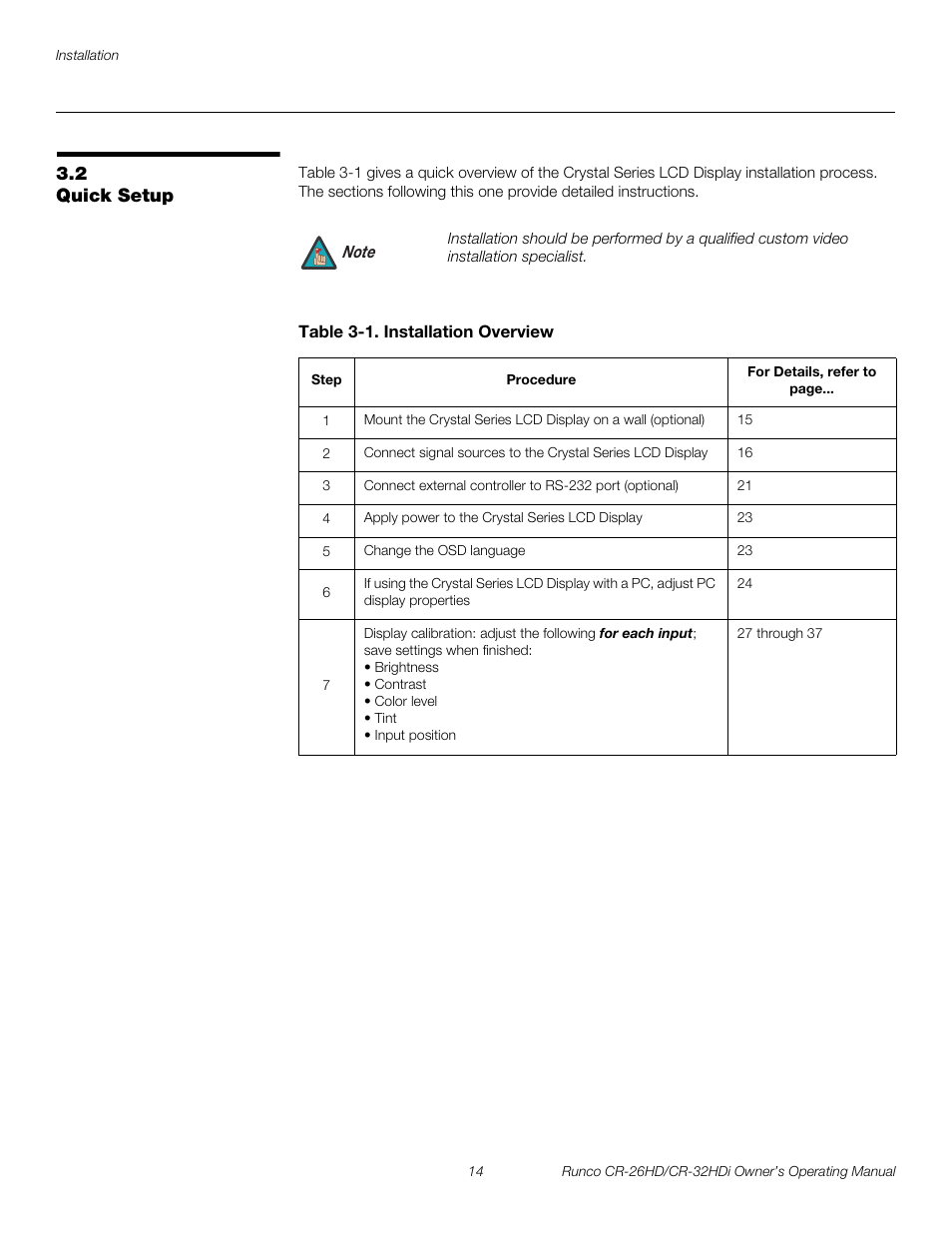 2 quick setup, Table 3-1 . installation overview, Quick setup | Pre l iminar y | Runco High-Definition User Manual | Page 26 / 70