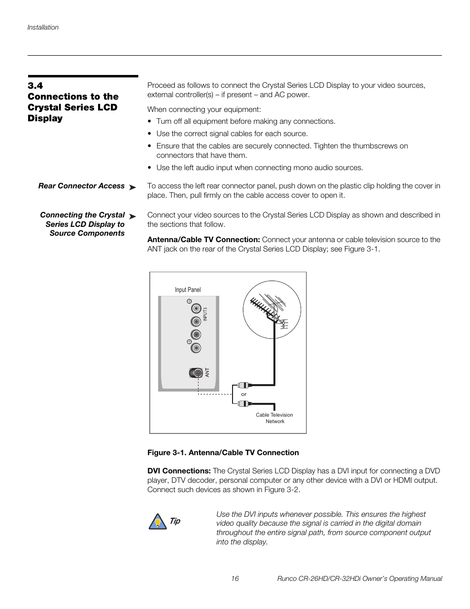 4 connections to the crystal series lcd display, Rear connector access, Antenna/cable tv connection | Figure 3-1 . antenna/cable tv connection, Dvi connections, Connections to the crystal series lcd display, 1. antenna/cable tv connection, Pre l iminar y | Runco High-Definition User Manual | Page 28 / 70