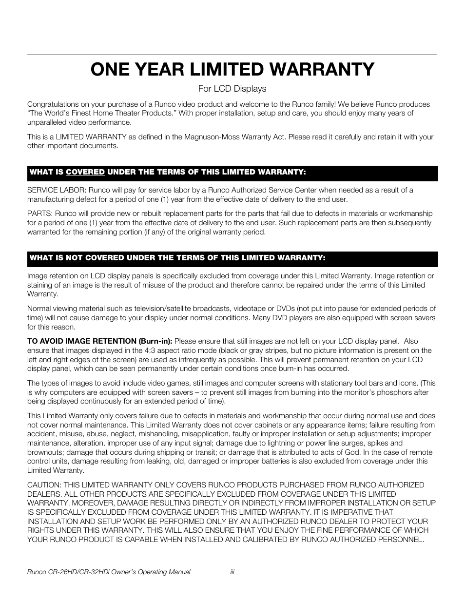 One year limited warranty, Pre l iminar y | Runco High-Definition User Manual | Page 3 / 70