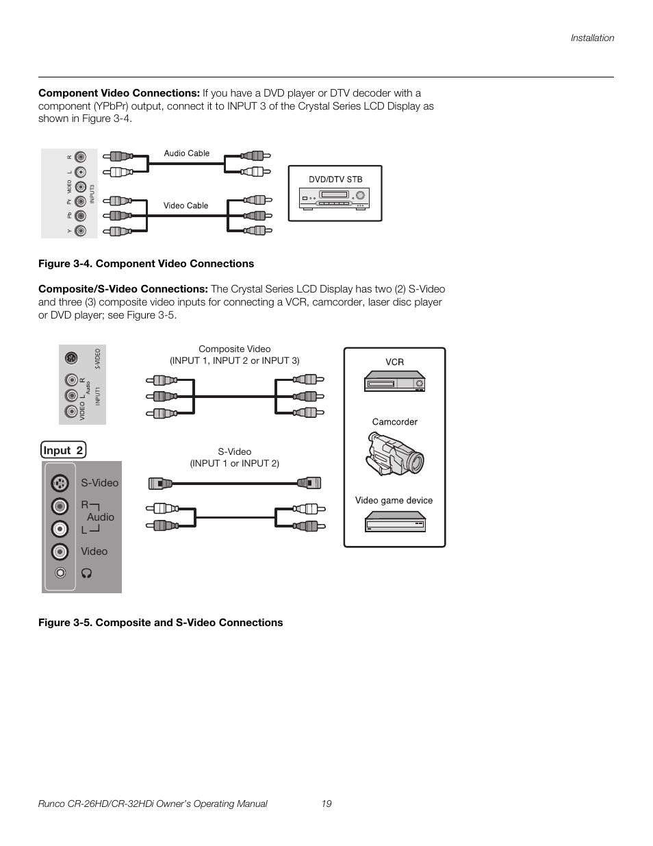 Component video connections, Figure 3-4 . component video connections, Composite/s-video connections | Figure 3-5 . composite and s-video connections, 4. component video connections, 5. composite and s-video connections, Pre l iminar y | Runco High-Definition User Manual | Page 31 / 70
