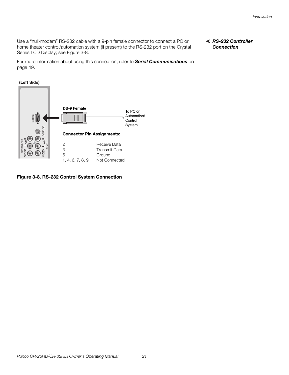 Rs-232 controller connection, Figure 3-8 . rs-232 control system connection, 8. rs-232 control system connection | Pre l iminar y | Runco High-Definition User Manual | Page 33 / 70