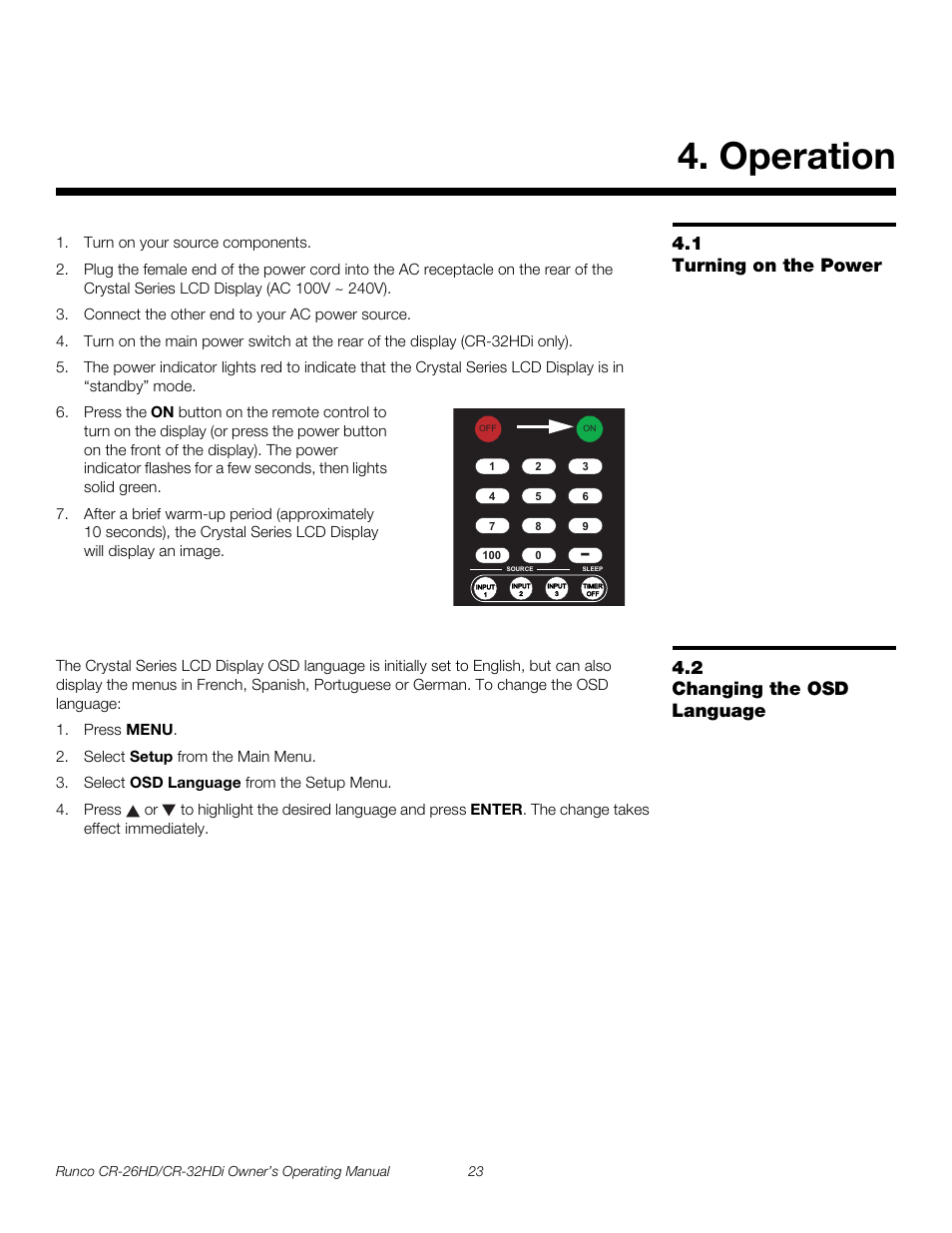 Operation, 1 turning on the power, 2 changing the osd language | Turning on the power, Changing the osd language, Pre l iminar y | Runco High-Definition User Manual | Page 35 / 70