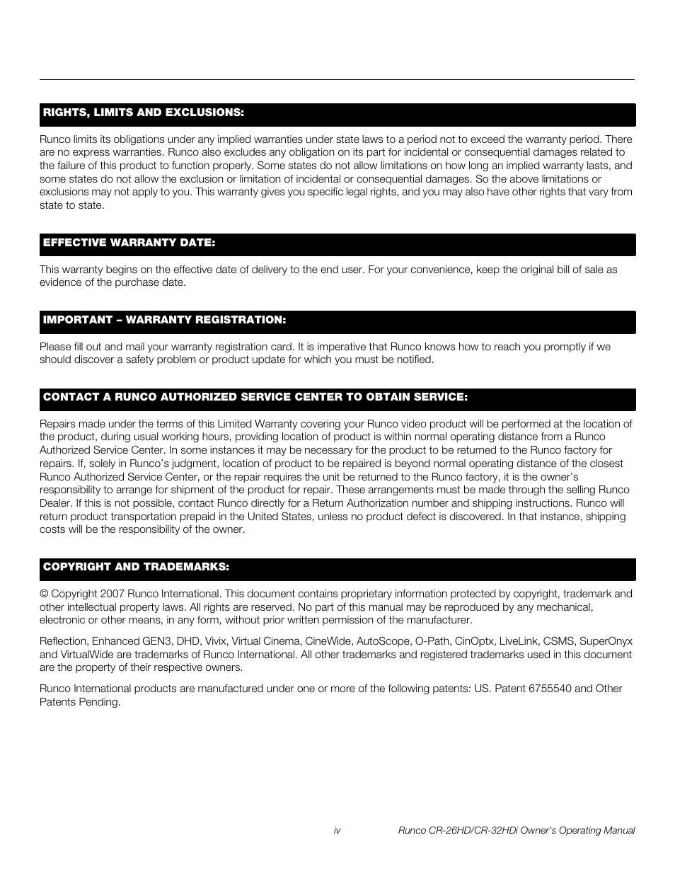 Pre l iminar y | Runco High-Definition User Manual | Page 4 / 70