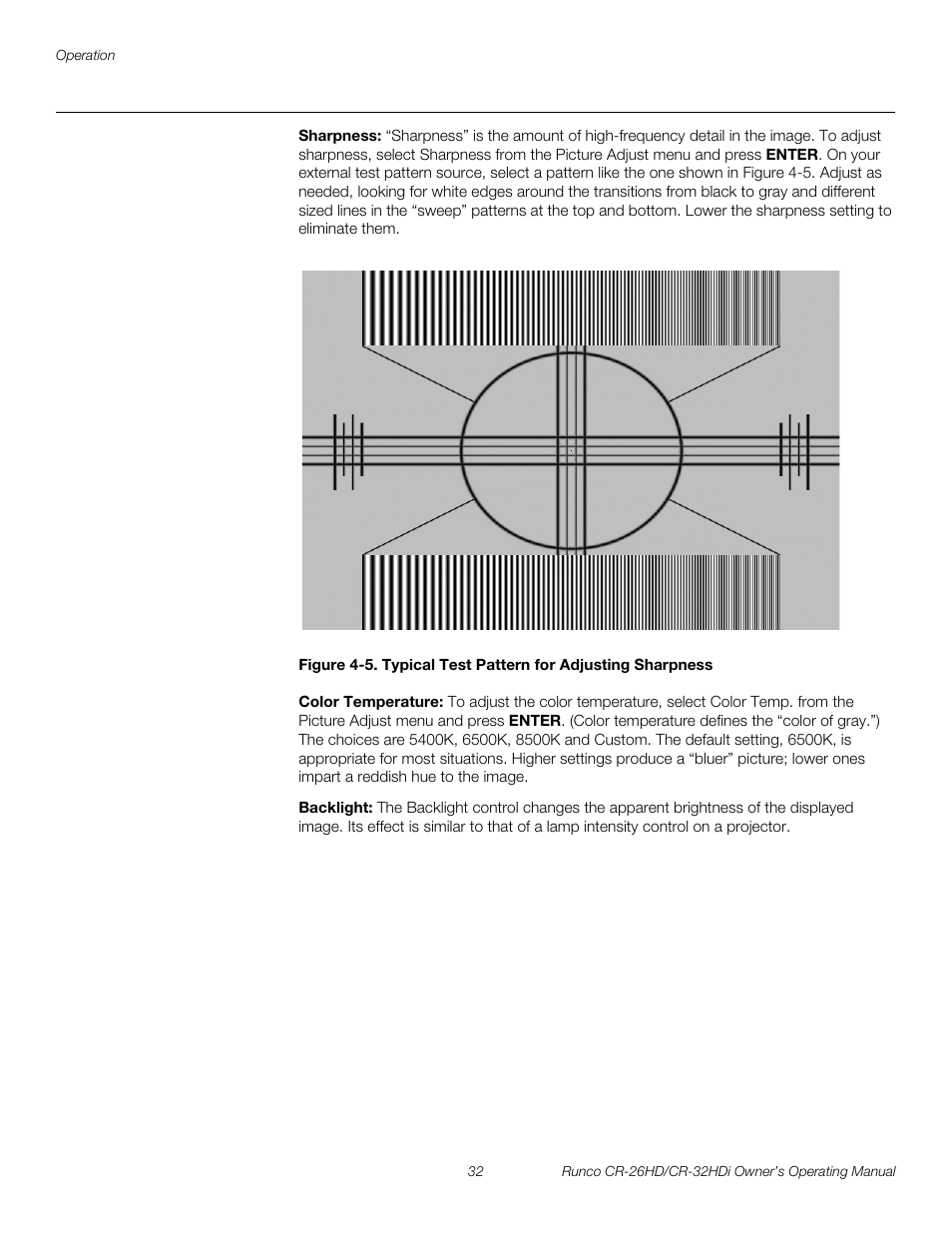 Sharpness, Color temperature, Backlight | 5. typical test pattern for adjusting sharpness, Pre l iminar y | Runco High-Definition User Manual | Page 44 / 70