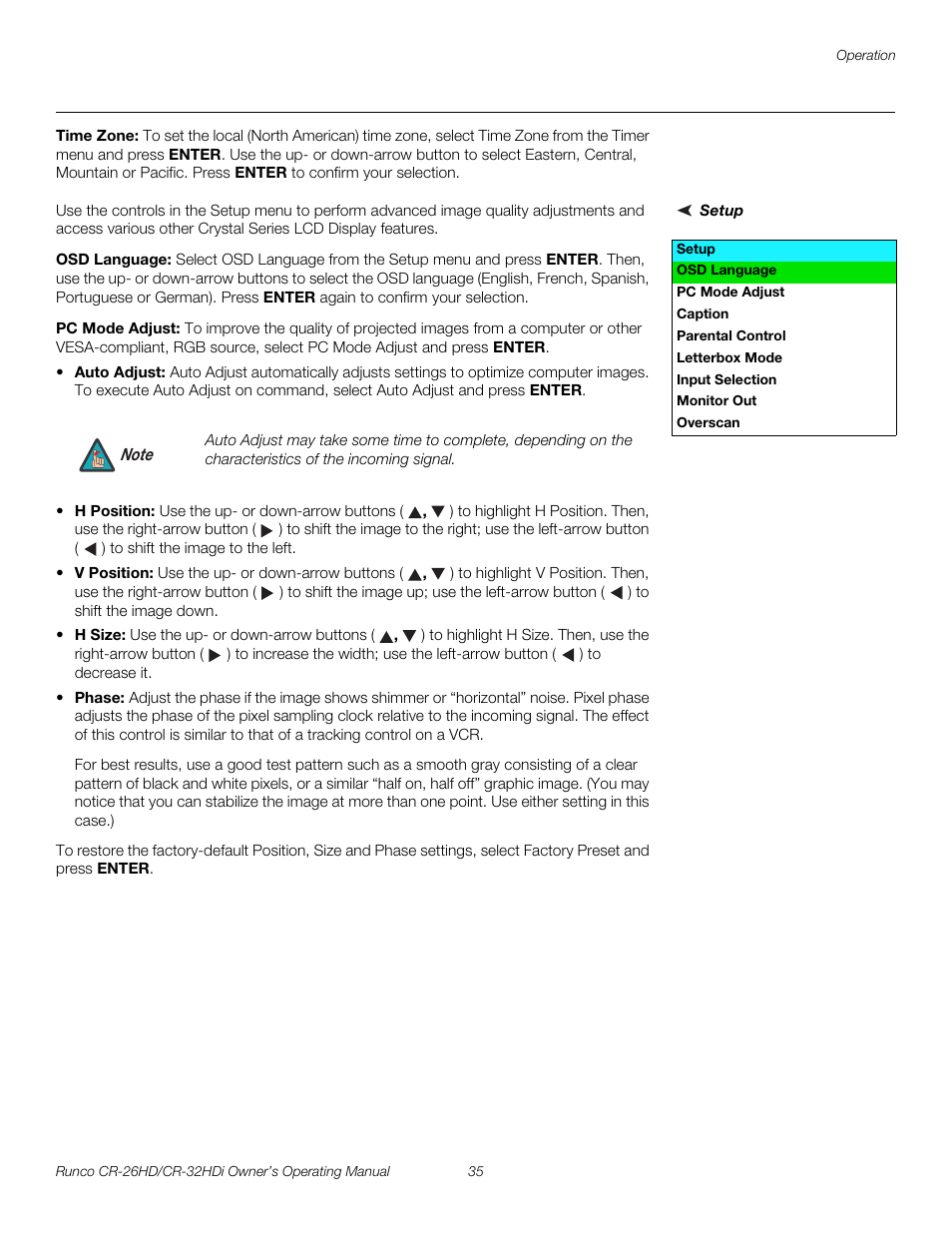 Time zone, Setup, Osd language | Pc mode adjust, Pre l iminar y | Runco High-Definition User Manual | Page 47 / 70