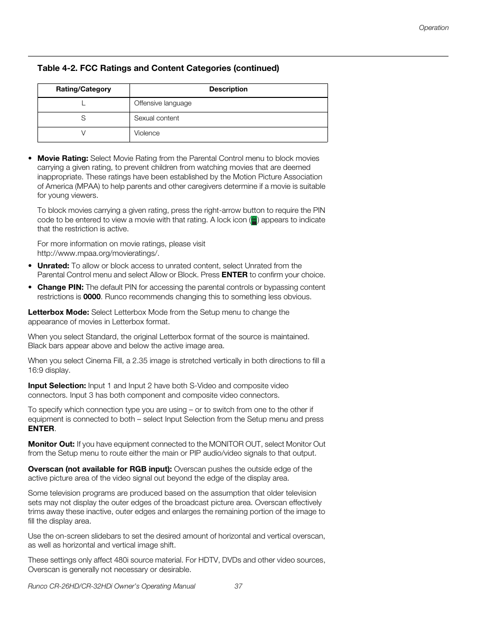 Letterbox mode, Input selection, Monitor out | Overscan (not available for rgb input), H 37, Pre l iminar y | Runco High-Definition User Manual | Page 49 / 70