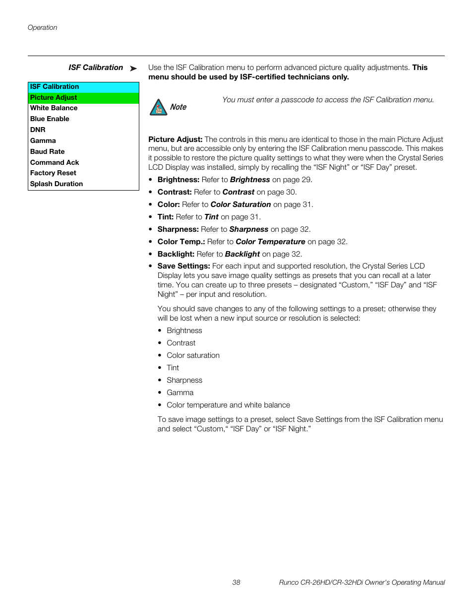 Isf calibration, Picture adjust, Pre l iminar y | Runco High-Definition User Manual | Page 50 / 70