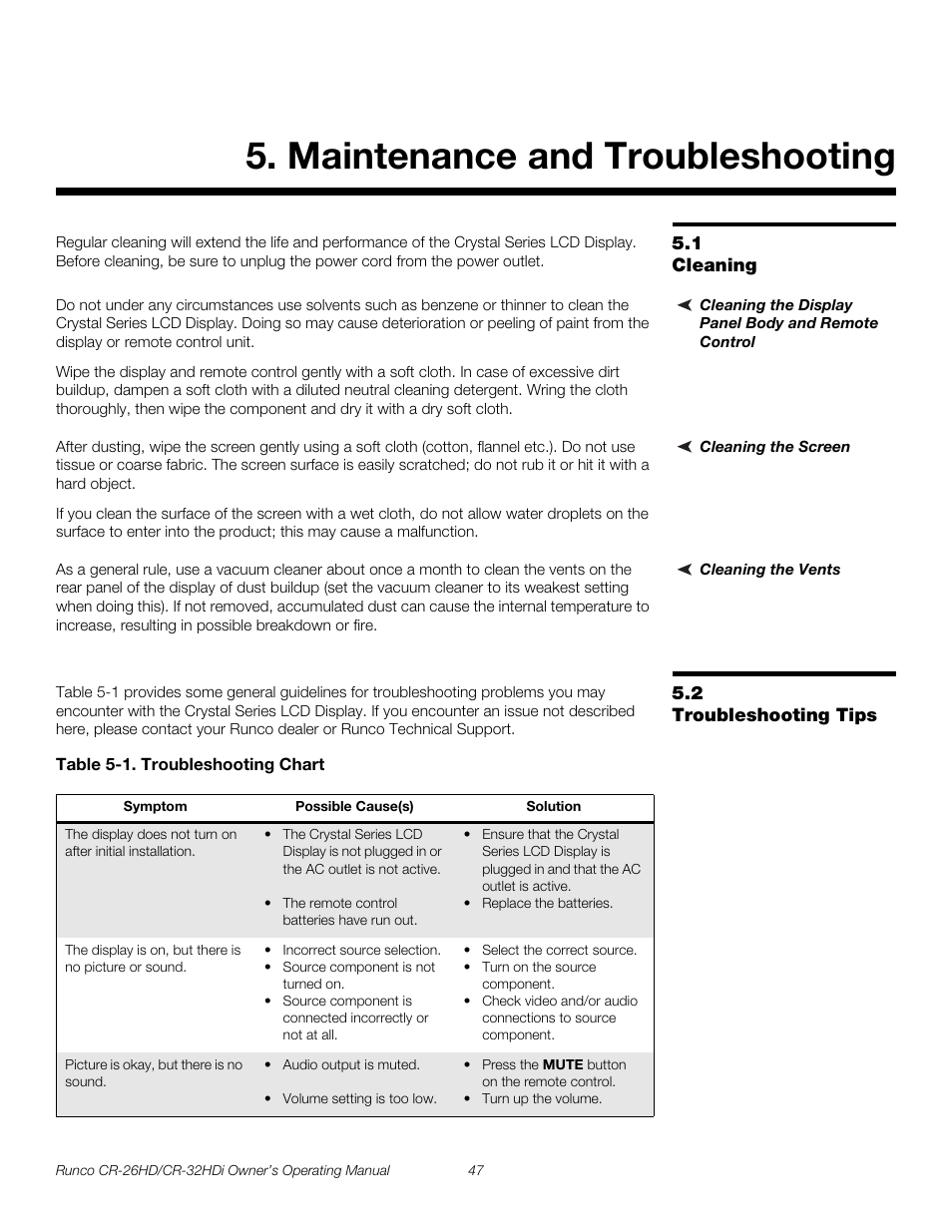 Maintenance and troubleshooting, 1 cleaning, Cleaning the display panel body and remote control | Cleaning the screen, Cleaning the vents, 2 troubleshooting tips, Table 5-1 . troubleshooting chart, Cleaning, Troubleshooting tips, Pre l iminar y | Runco High-Definition User Manual | Page 59 / 70