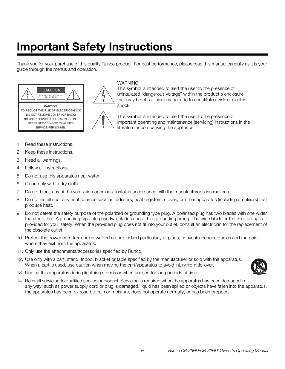 Important safety instructions, Pre l iminar y | Runco High-Definition User Manual | Page 6 / 70