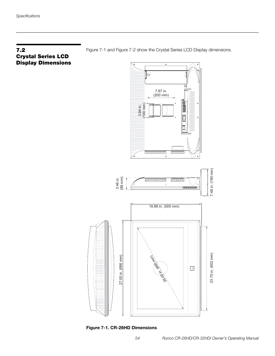 2 crystal series lcd display dimensions, Figure 7-1 . cr-26hd dimensions, Crystal series lcd display dimensions | 1. cr-26hd dimensions, Preli m inary | Runco High-Definition User Manual | Page 66 / 70